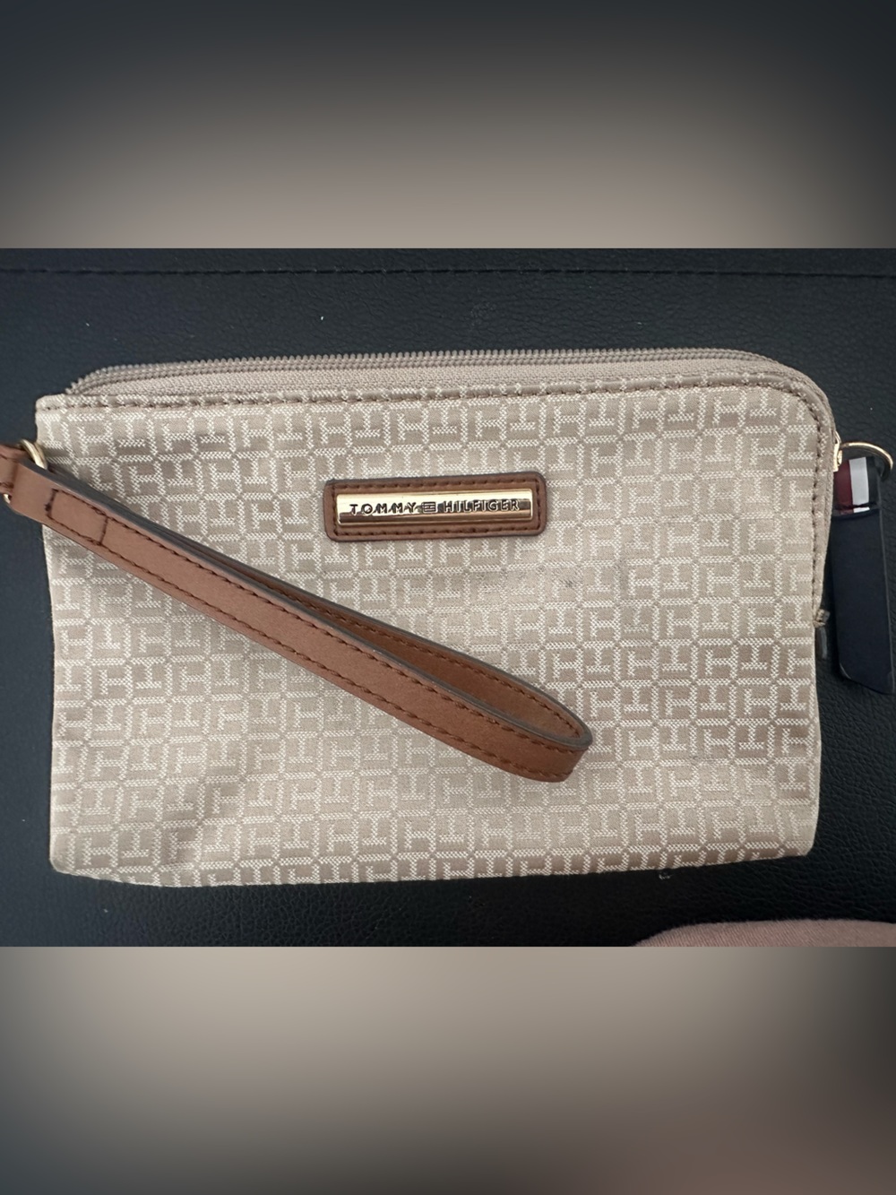 Tommy Hilfiger Beige Monogram Wristlet with Brown Strap
